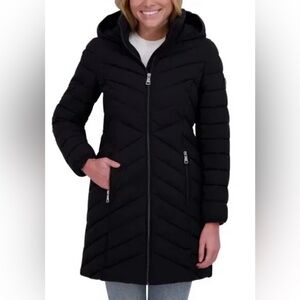 DKNY Women’s Black Long Hooded Puffer Coat – Large – NWOT